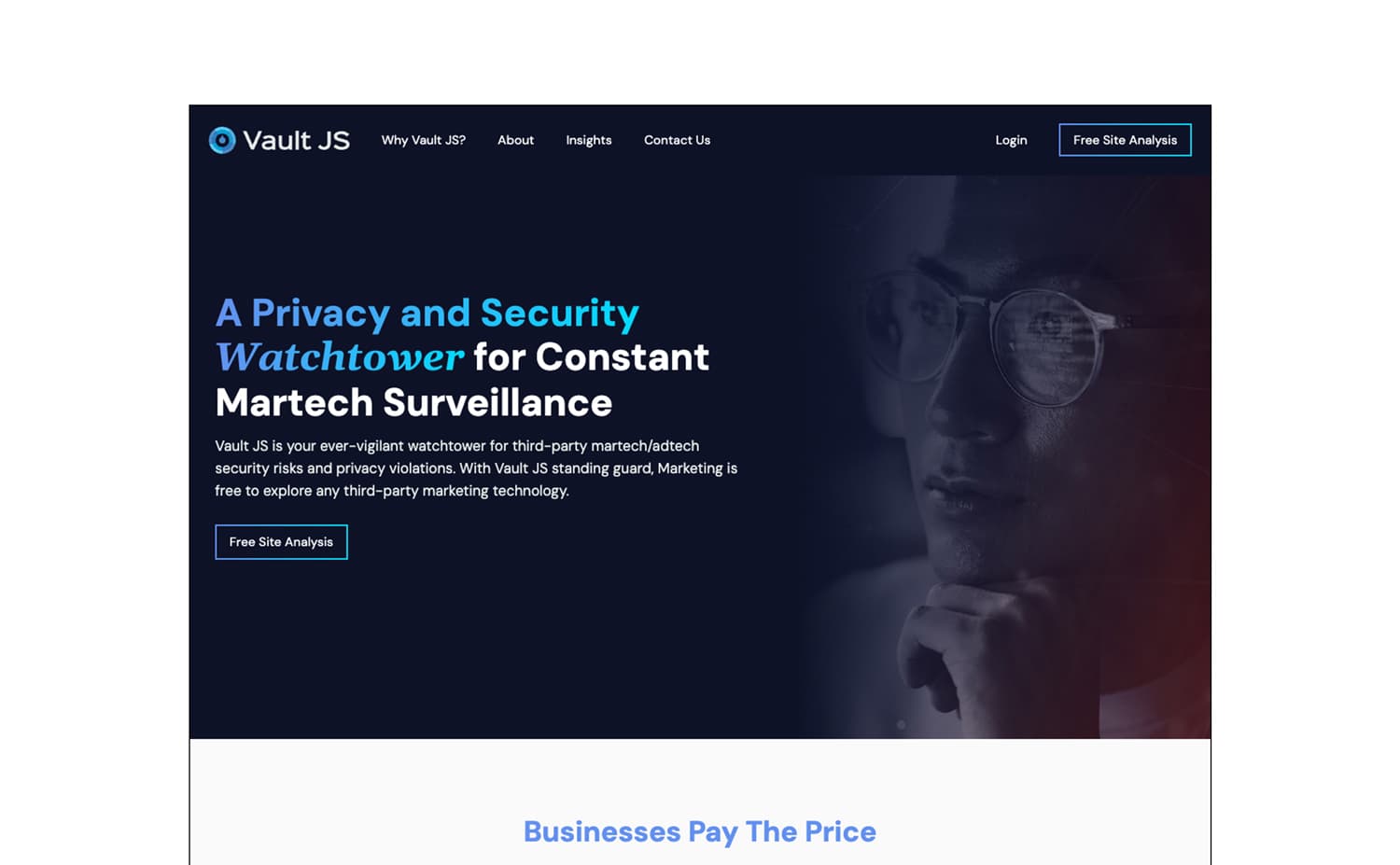 Homepage screen of Vault JS site