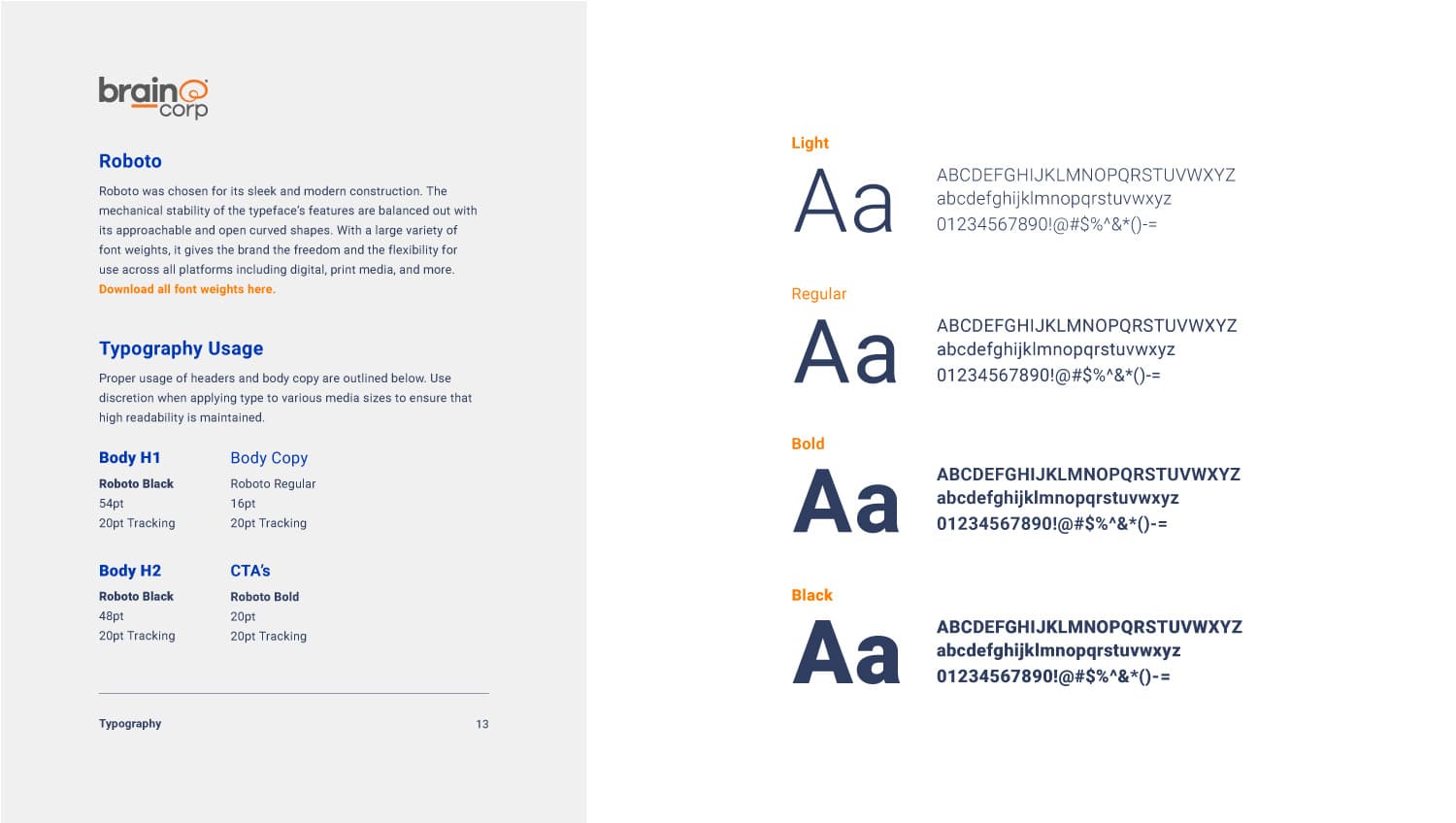 Brain Corp brand guide brand fonts page